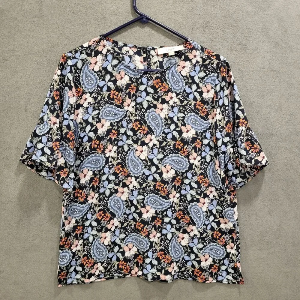 Loft Short Ruffle Sleeve Tunic Shirt Women's Size Medium Floral‎ Paisley Boho